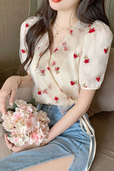 V-Neck Rose Pattern Double Mesh Blouse Shirt